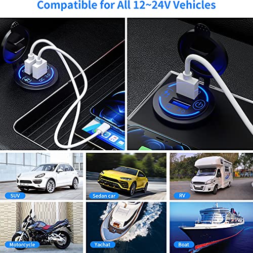 Kewig Quick Charge 3.0 Dual Usb Charger Socket Waterproof 36W 12V 24V Usb Outlet Fast Charge With Touch Switch & Blue Led Diy Kit For Car Boat Marine Atv Bus Truck Golf Cart And More #TOP6