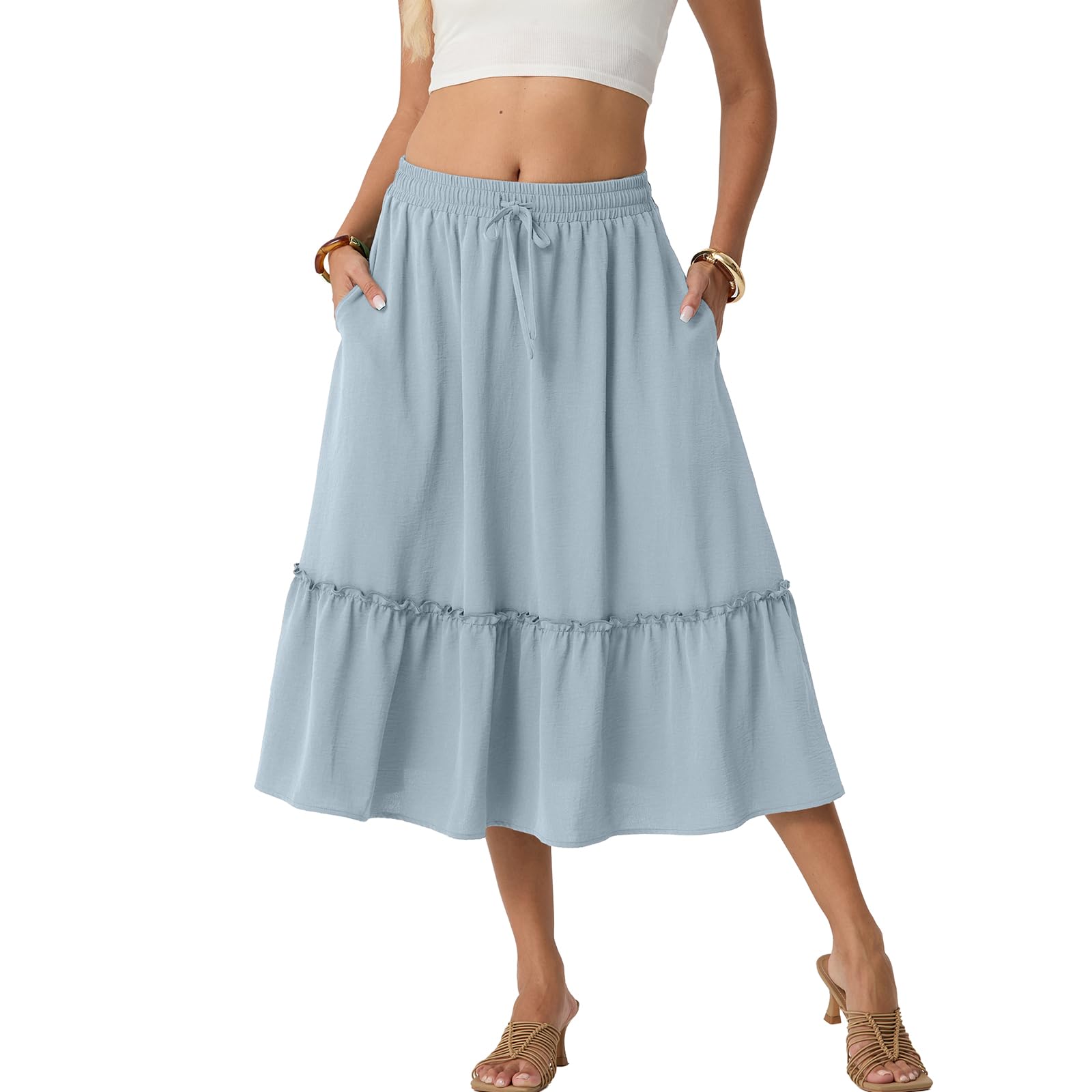 Skirts for Women High Waisted Tiered A Line Midi Skirt Knee Length Summer Skirts Drawstring with Pockets