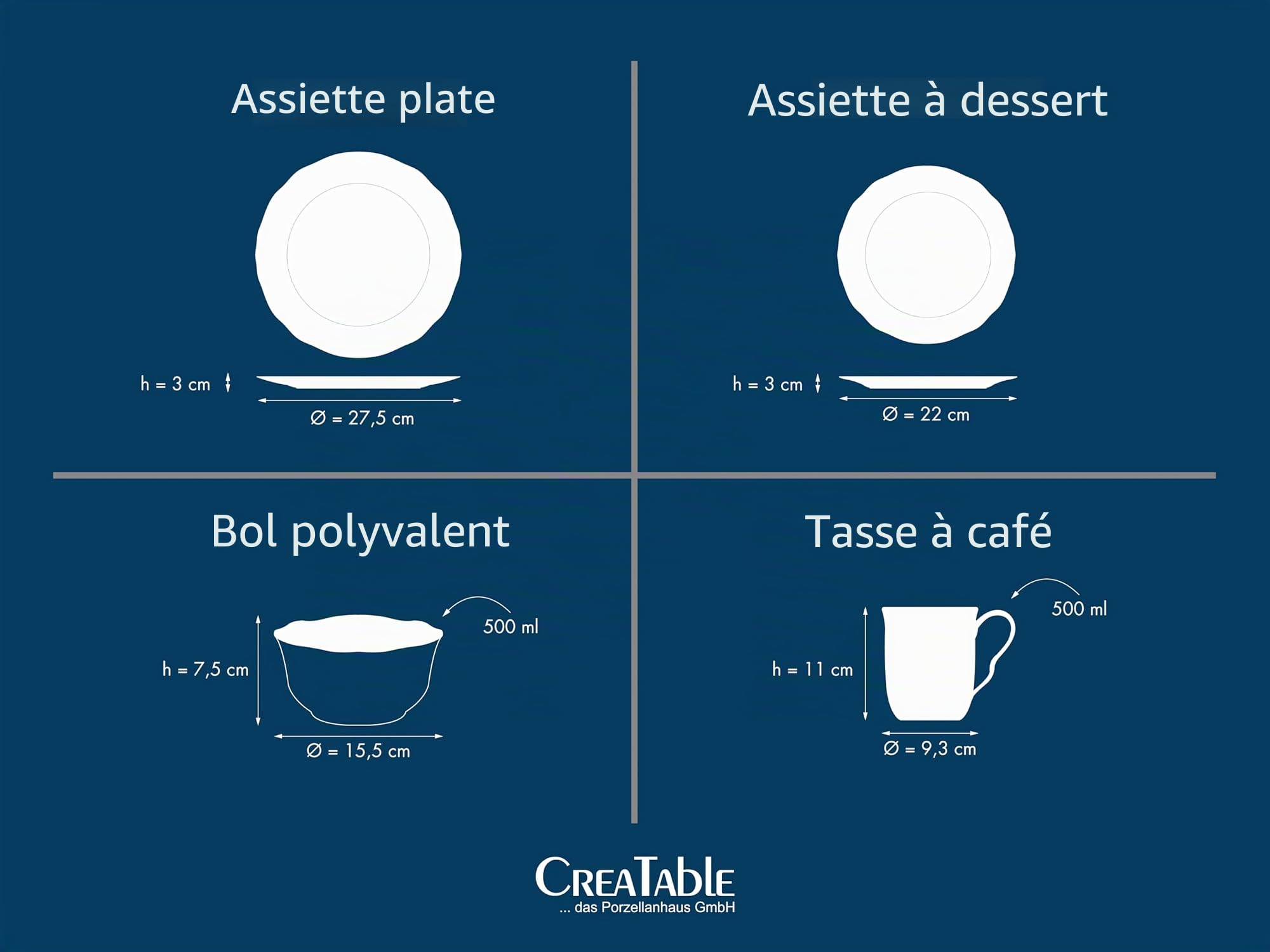 CreaTable, 24776 Série Adelaide Blue Service de table 16 pièces en porcelaine pour 4 personnes, passe au lave-vaisselle et au micro-ondes, production de qualité