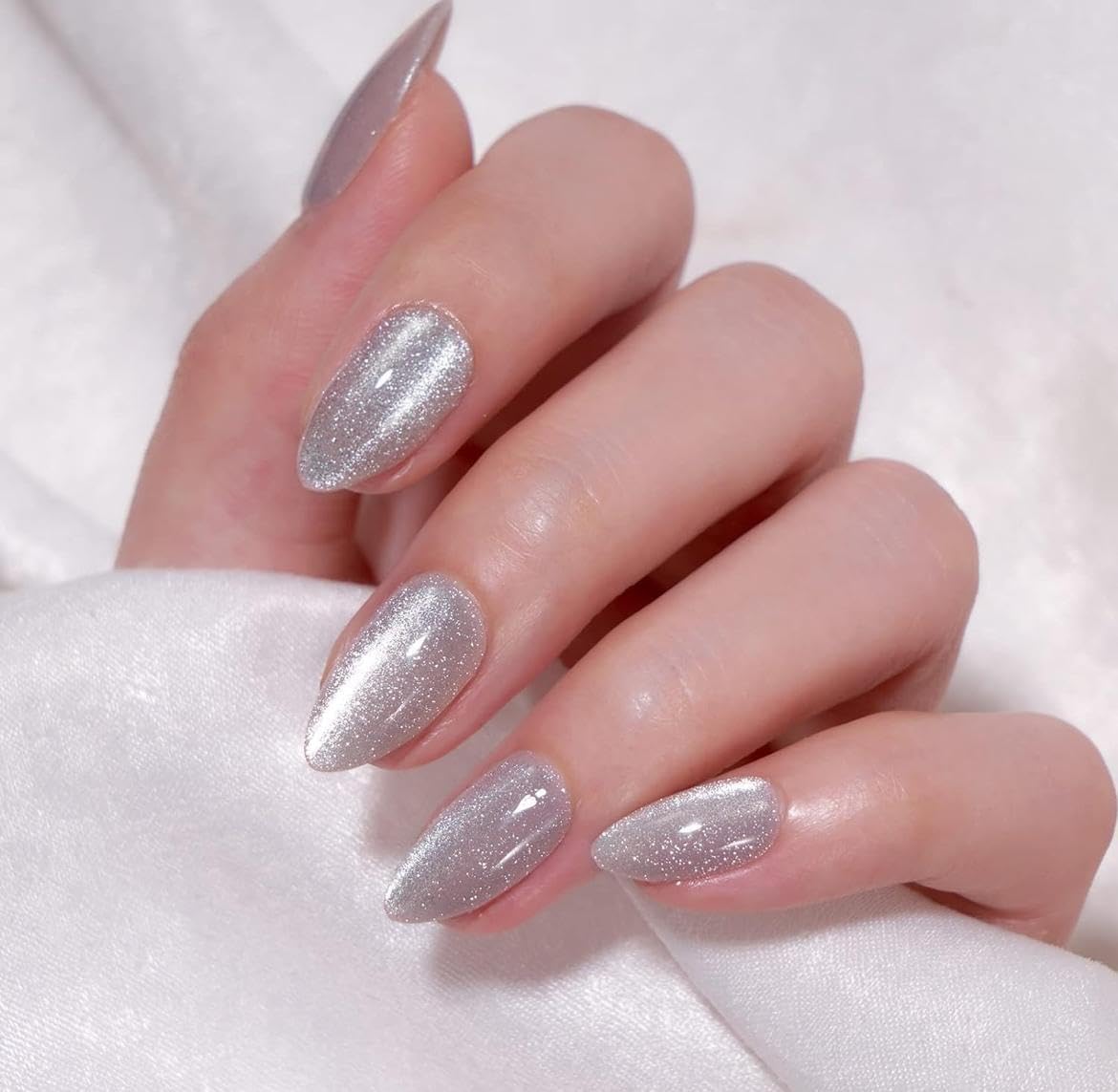 Artificial Nails - Handmade Press-on with Cats Eye Effect Pack of 12 Round Shape | Reusable, Pre-Designed | Perfect Decorative Fake Nails for Women & Girls (Silver Grey)-image-30