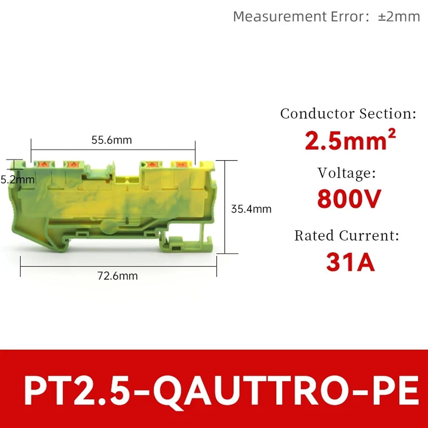 10PCS DIN Rail Terminal Block Inline Spring Ground Terminal Connector 800V 1000V 31A 57A Electrical Cable Connector 20-7 AWG (Color : PT2.5-Quattro-PE)