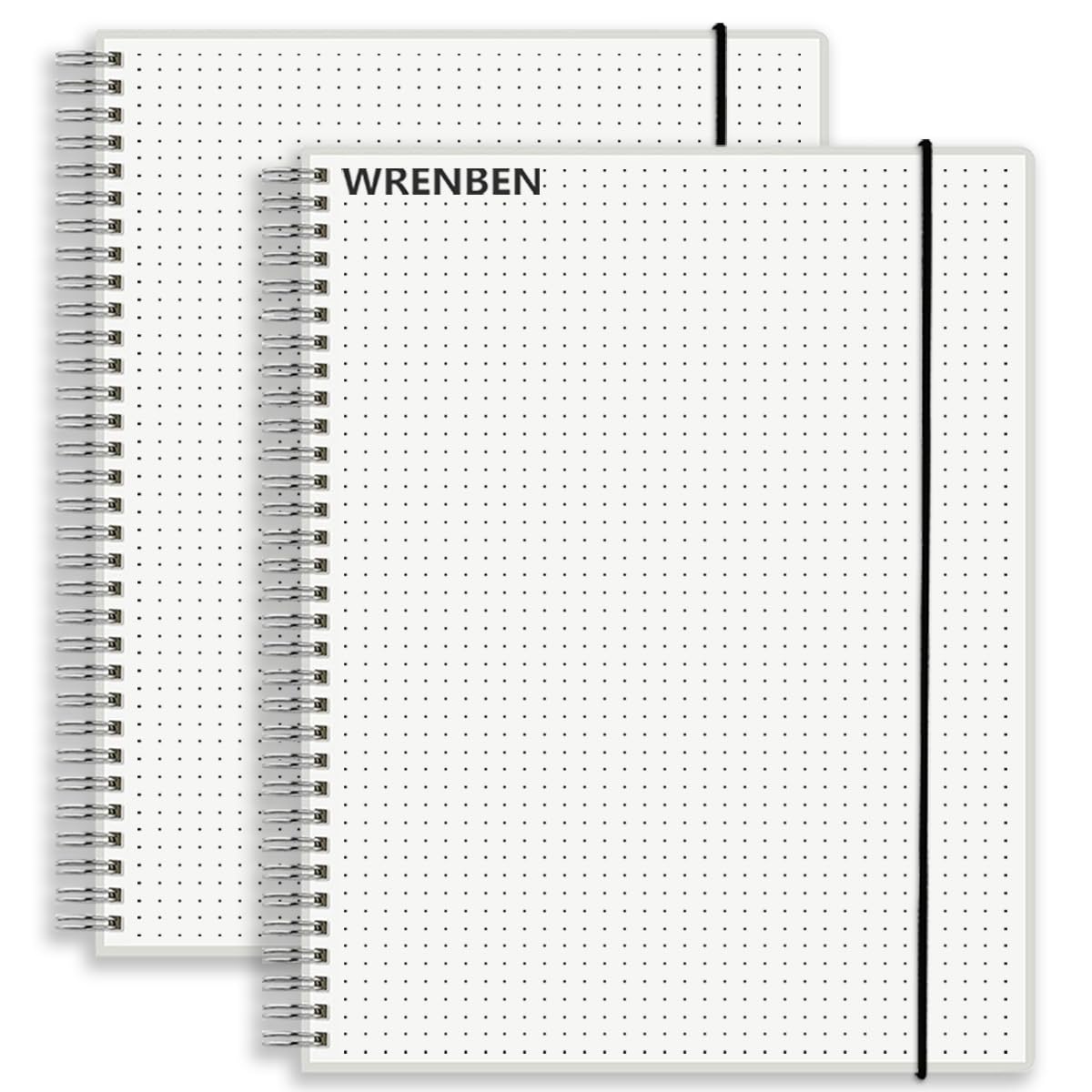 WRENBEN 2PCS Dotted Spiral Notebook 5.7" x 8.3" with 120gsm Thick Paper, Elastic Band and Transparent Hard Cover, 160 Pages per Bullet Dotted Journal