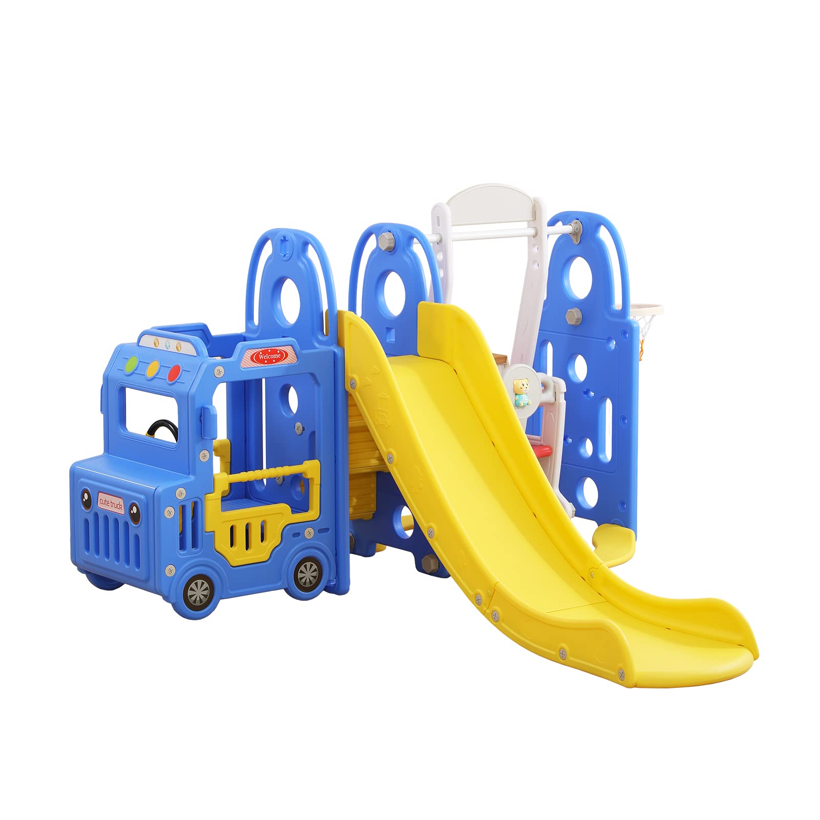 Buy 3 in 1 Kids Slide with Swing Seat Basketball Hoop Toddler Freestanding Slider Playset for