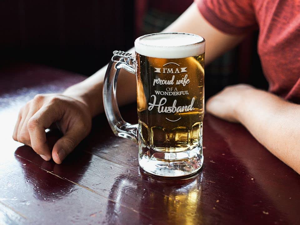 Image of TheYaYaCafe Beer Mug for Husband | Engraved Glass Mug inchProud Wife of Wonderful Husband inch | Birthday & Anniversary Gift for Husband | 357ml