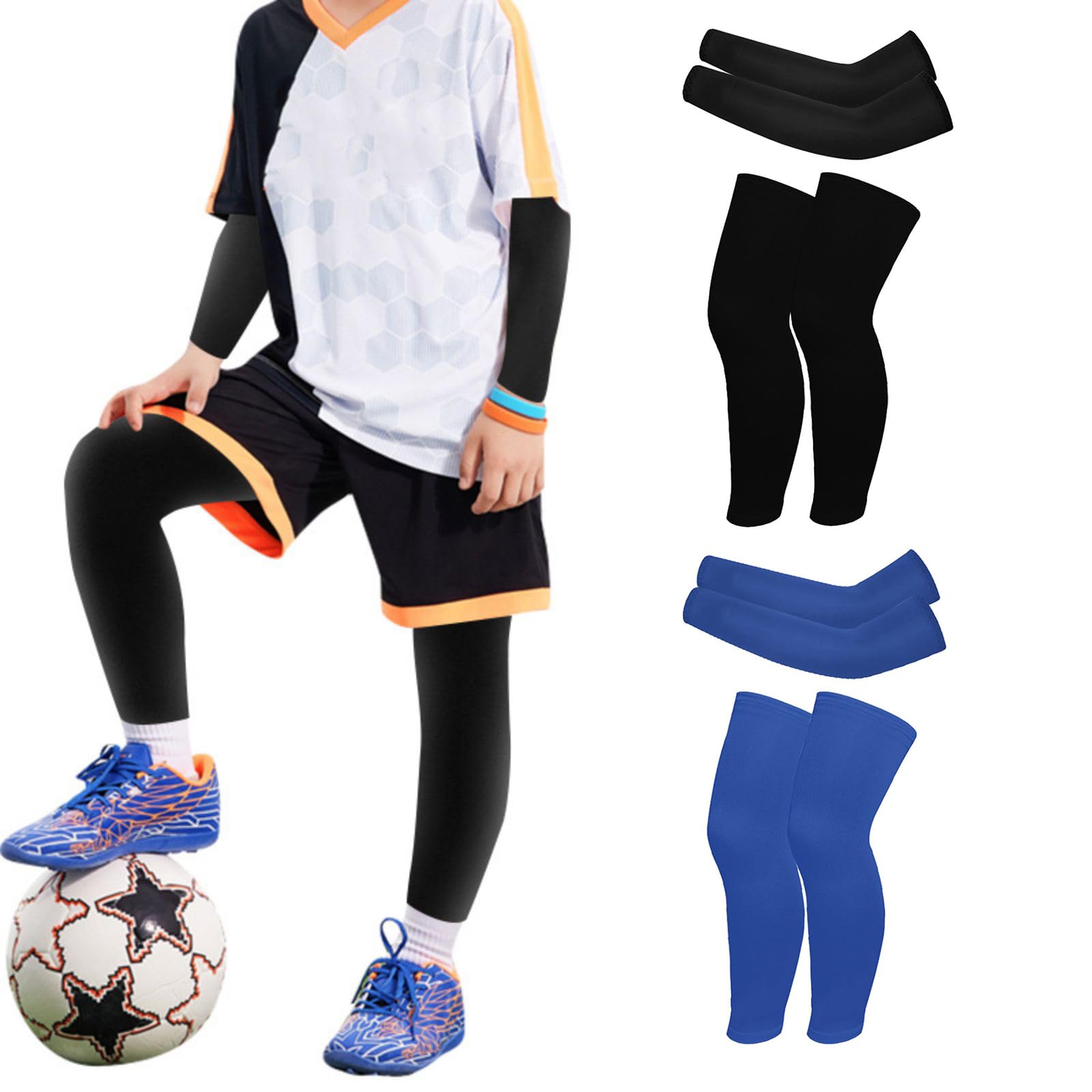 Valcatch 4 Pares de Manga de Tiro de Baloncesto para niño y niña, protección Solar UV, Mangas de Brazo de enfriamiento y Manga de compresión de Pierna para fútbol, Voleibol, Deporte al Aire Libre