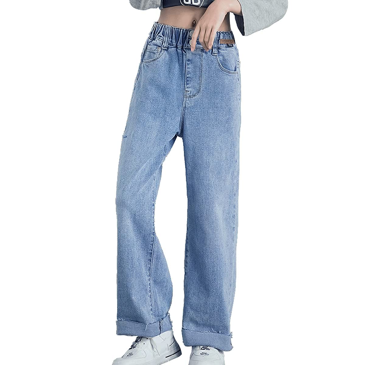 Jeans strappati per bambine e ragazze, con elastico in vita, pantaloni larghi, taglia 5-14 anni