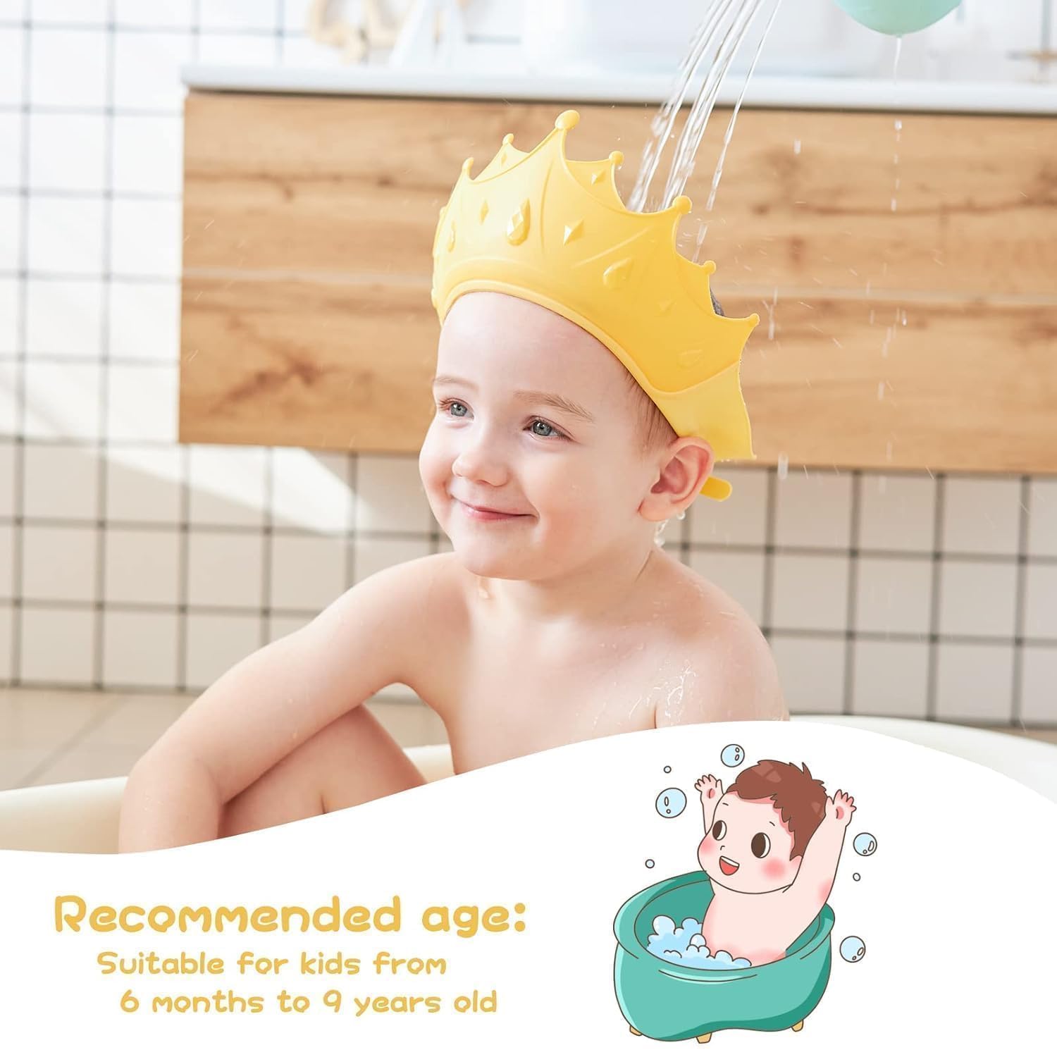 VANSHORA Baby Bath Shower Cap Adjustable Silicone Shampoo Shield Waterproof Bath Visor Hat for Kids Toddler Ear Eye Protection Bathing Hair Wash Cap Children Bathing Crown 4