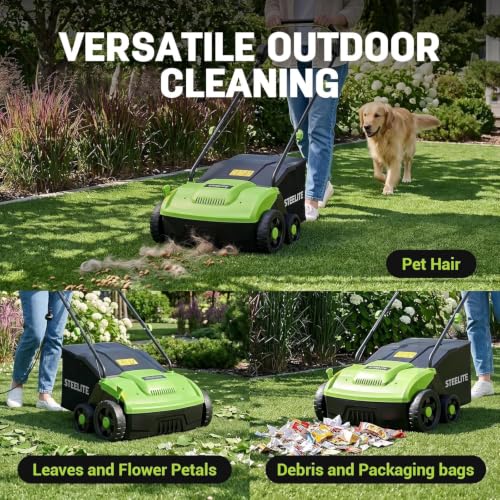 Image of STEELITE 13 inch Artificial Turf Sweeper, 10 Amp Lawn Sweeper with 1200W Motor Power, Support 4-Position Depth Adjustment with 40L Removable Collection Bag, Quick-Fold for Artificial Grass Turf