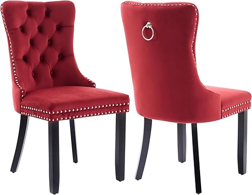 Miniatura 81 de Juego de 4 sillas de comedor de terciopelo beige, sillas tapizadas modernas para comedor con respaldo capitoné y acentos de madera, patas curvas de