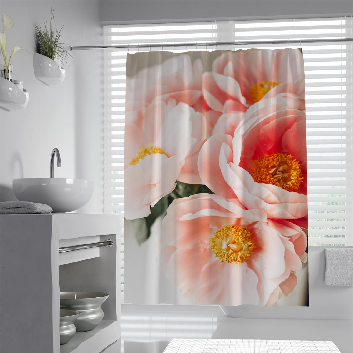 UIRINGART Blush Peony Petals Bath Curtain W120xL200cm Giant Anemone Floral Blossom Waterproof Machine Washable Bathtub Screen with Hooks