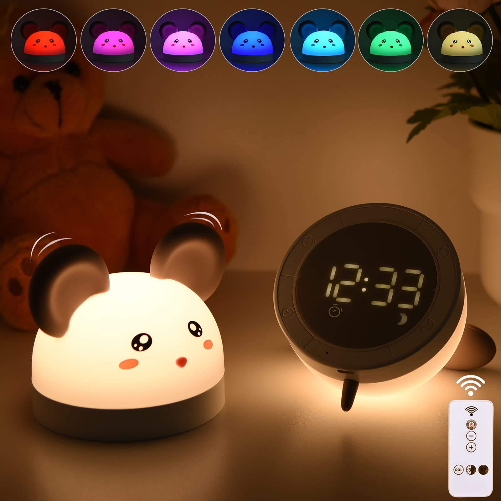 Night Light for Kids, Bawoo Kids Night Light Alarm Clock, Cute Grunt Rat Soft Silicone Night Lamps, USB Rechargeable LED Lamp for Baby Toddler Teens Girls Boys and Children