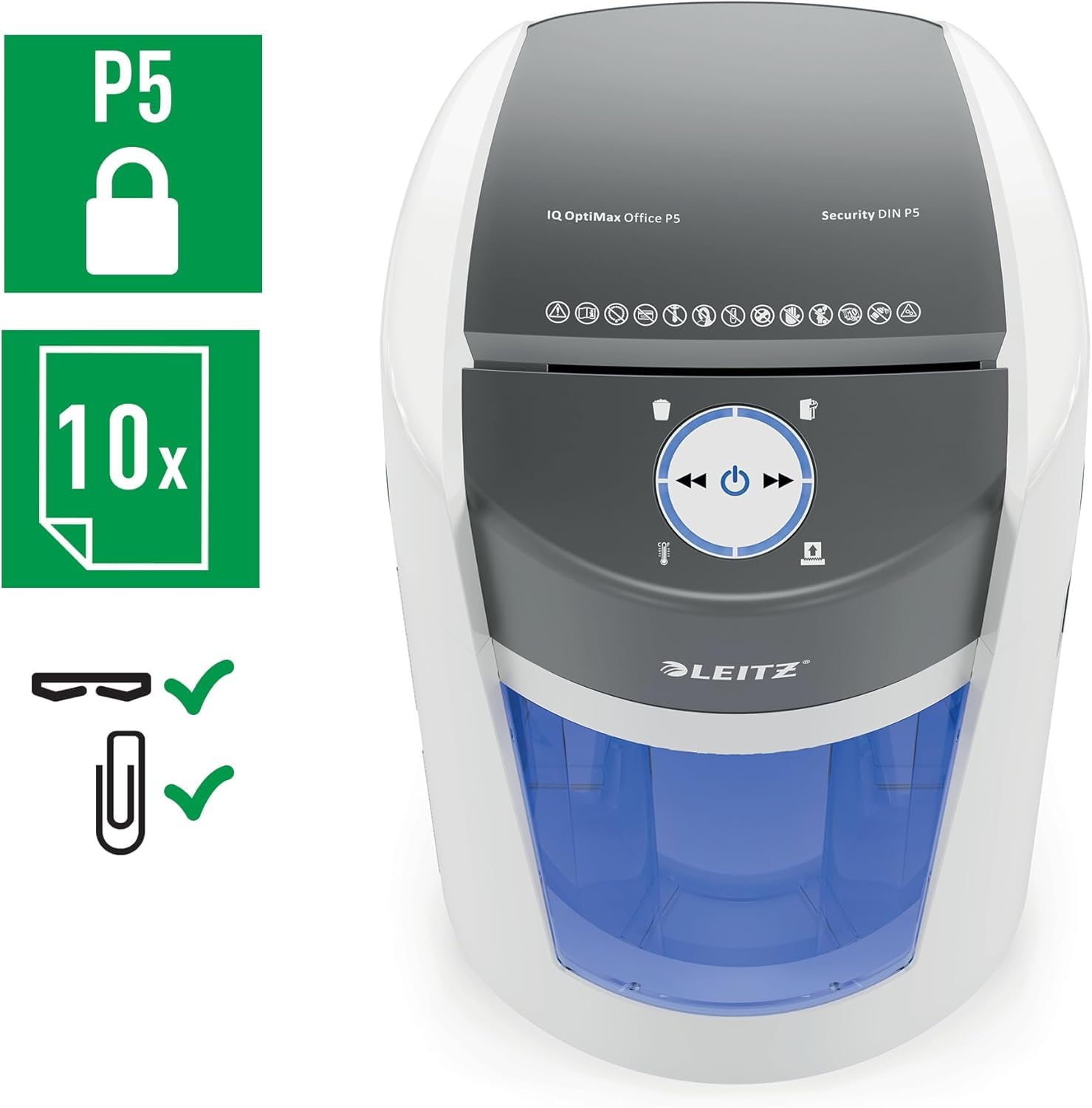 Leitz IQ OptiMax Office P5 Distruggidocumenti Professionale a Taglio Micro, Distrugge 12-10 Fogli, Tecnologia di Rotazione del Cestino e capacità extra del 33%, Silenzioso, Cestino da 35 L, 83600000