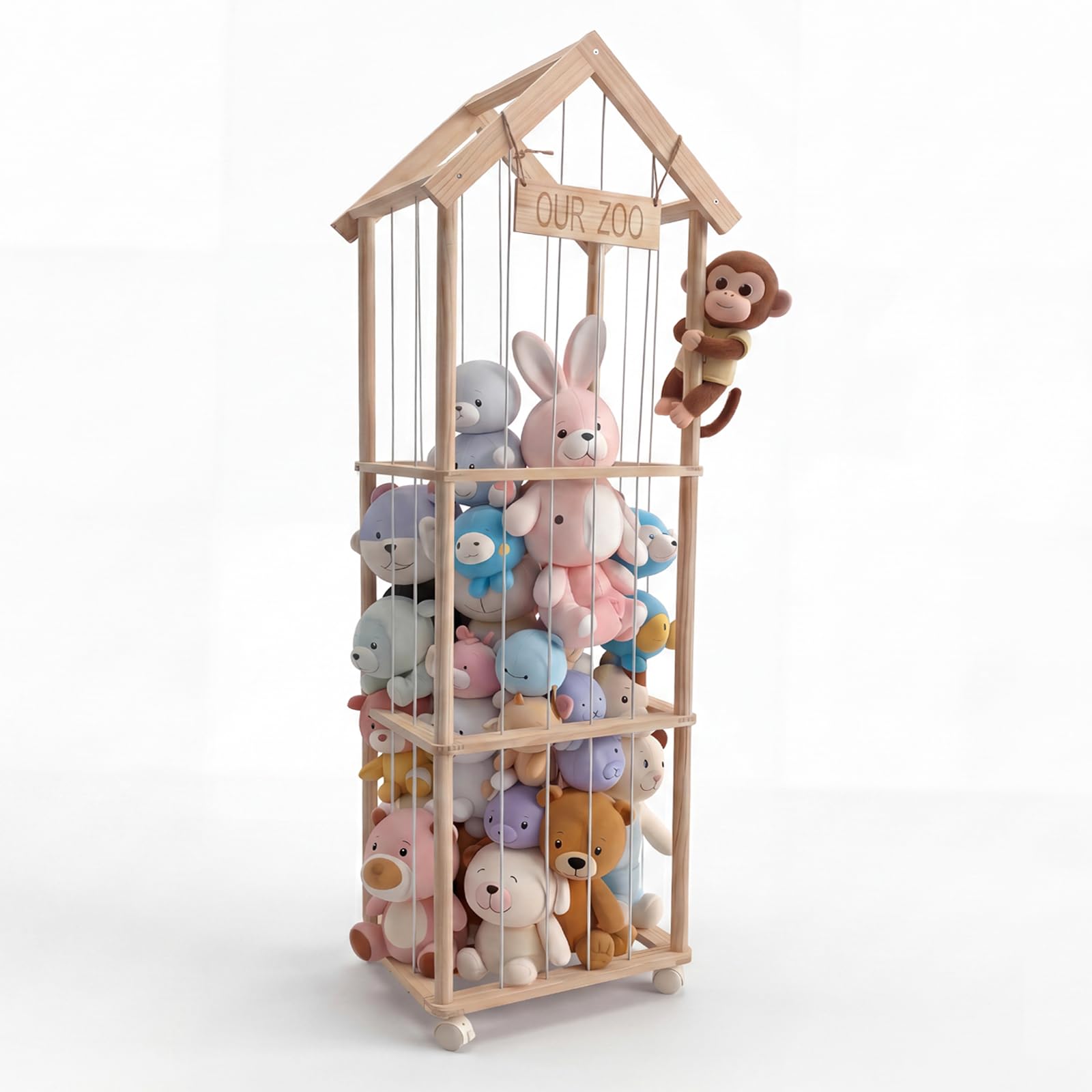360° Drehbar Kuscheltier Aufbewahrung - Robuste Stofftier Aufbewahrung - Holz Kuscheltier Organizer - Stuffed Animal Storage für Spielzimmer Kinderzimmer Schlafzimmer Wohnzimmer 42x32x143 cm