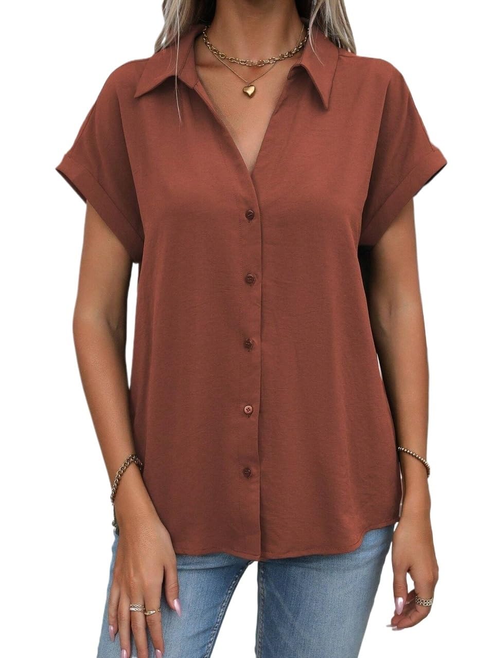 Womens Short Sleeve Casual Button T-Shirt Top Batwing Sleeve Shirt for Summer Autumn Medium Rust Brown