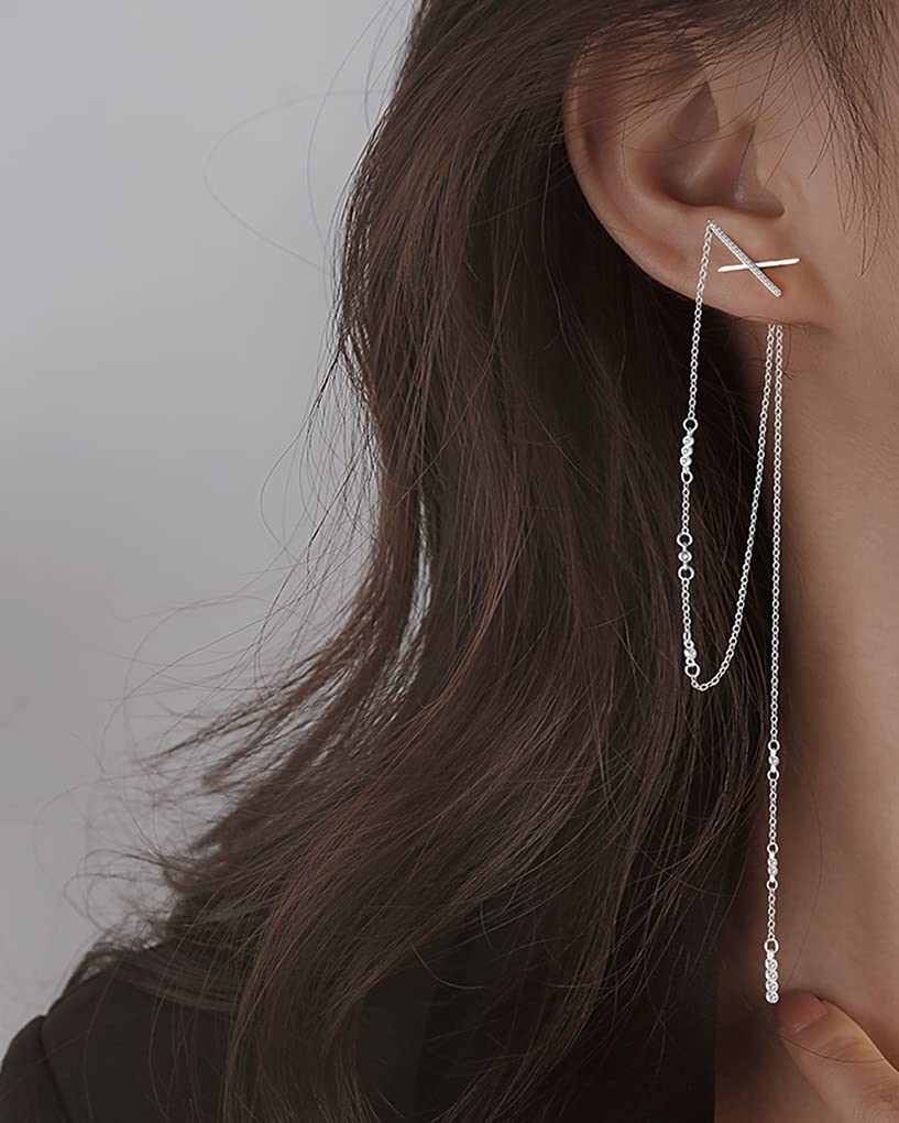 SLUYNZ 925 Argento sterling CZ Orecchini pendenti lunghi catena per donne ragazze adolescenti x orecchini lunghi nappa 5.9inch (placcato oro rosa C)