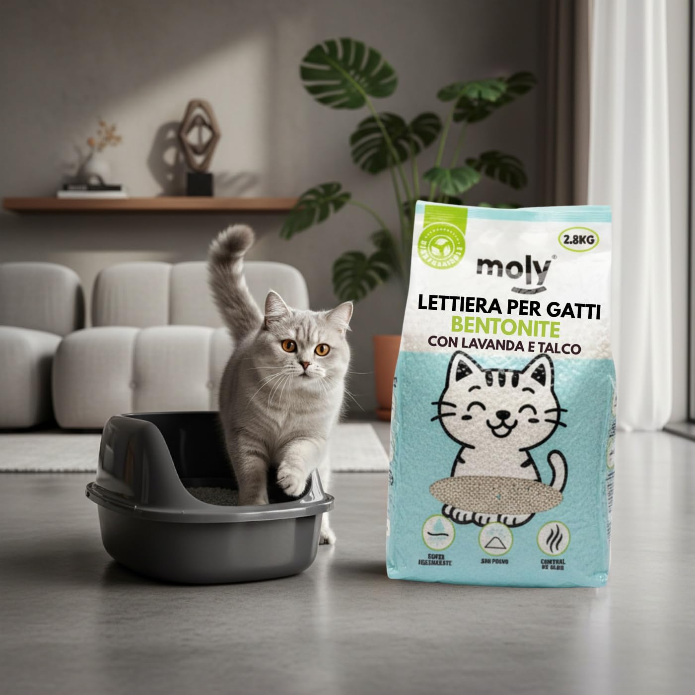 MOLY X6 Sabbia per gatti Bentonite con carbonio attivo 16,8 kg 22,2 l | Sabbia agglomerante ad alta assorbimento con aroma di lavanda e talco | Controllo totale degli odori | Senza polvere | Lecho