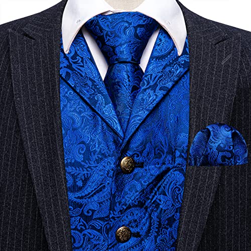 Image of Barry.Wang Men Blue Black Paisley Tailored Collar Suit Vest Silk Jacquard Waistcoat Tie Clip Set for Tuxedo