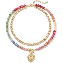 Colorful Acrylic Beaded Necklace for Women Gold Heart Pendant Necklace Layered Cuban Chain Beaded Choker Necklaces Boho Beach Jewelry