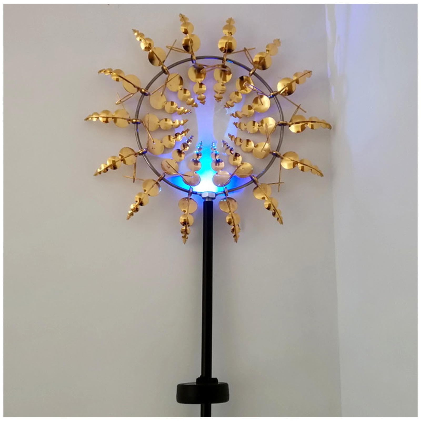 Lampy solarne, dzwonki wietrzne do użytku na zewnątrz, z oświetleniem LED, wiatrak ogrodowy 3D, żelazny wiatrak, z metalu, do użytku na zewnątrz, na taras, złote