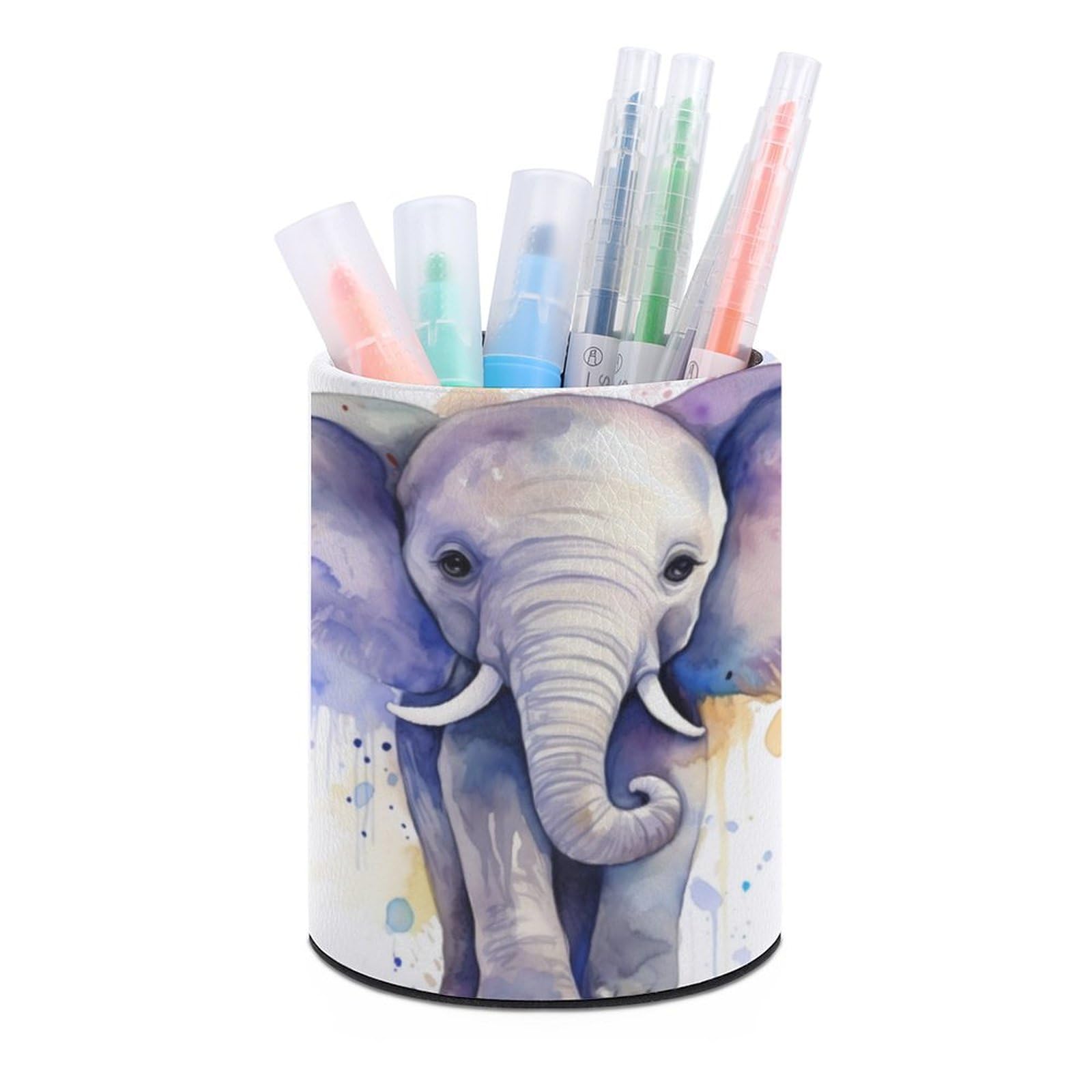 JTREHY Round Pen Holder,Cute Elephant Watercolor Printed Makeup Brush Storage Box Desktop Stationery Storage Cup Office Accessories Storage Box Pencil Storage Box for Home Office Dressing Table