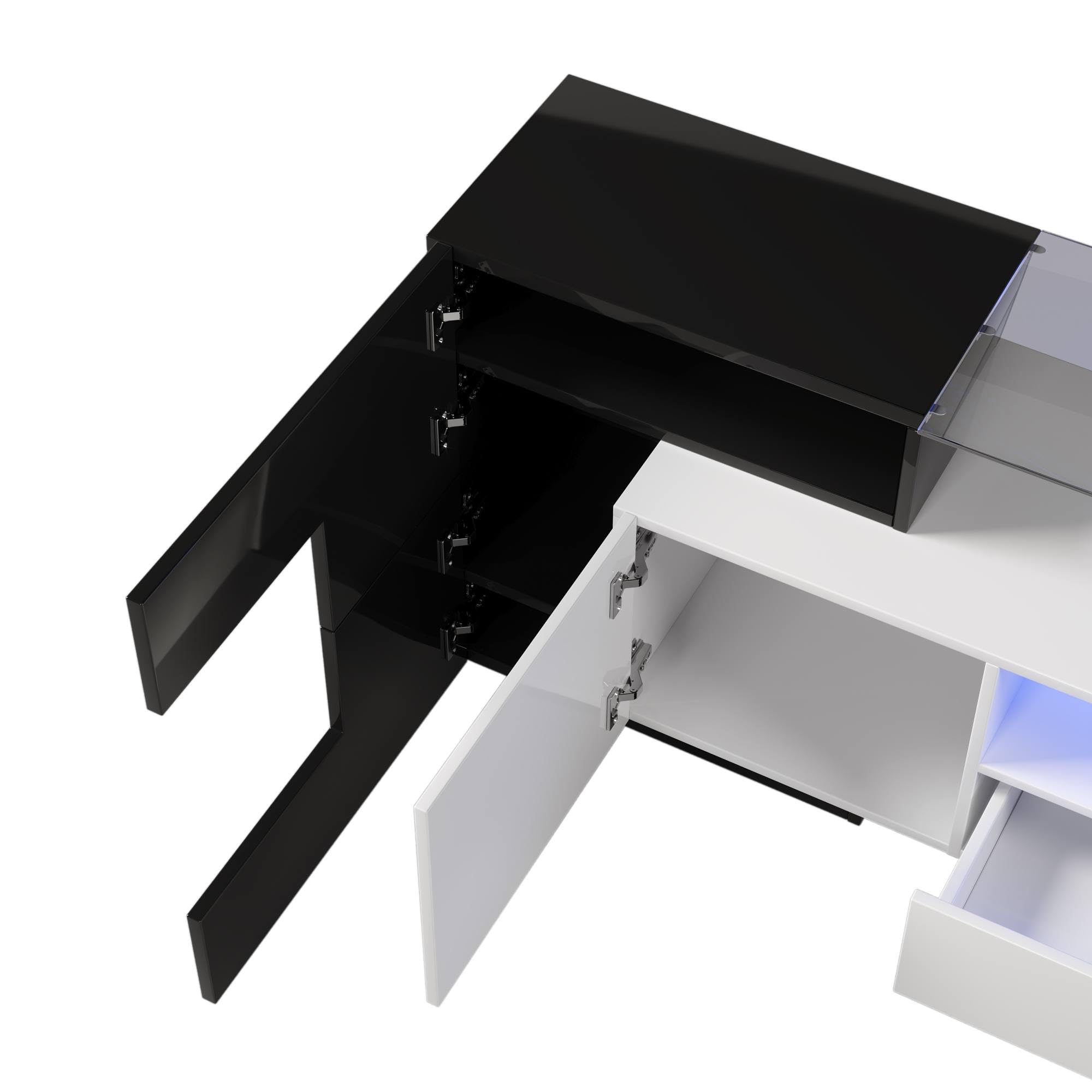 Sweiko Meuble TV Bas avec éclairage LED, Commode avec Beaucoup d'espace de Rangement, Forme Unique avec Surfaces en Verre, Design Moderne (Black, 200 L x 35 B x 60 H)