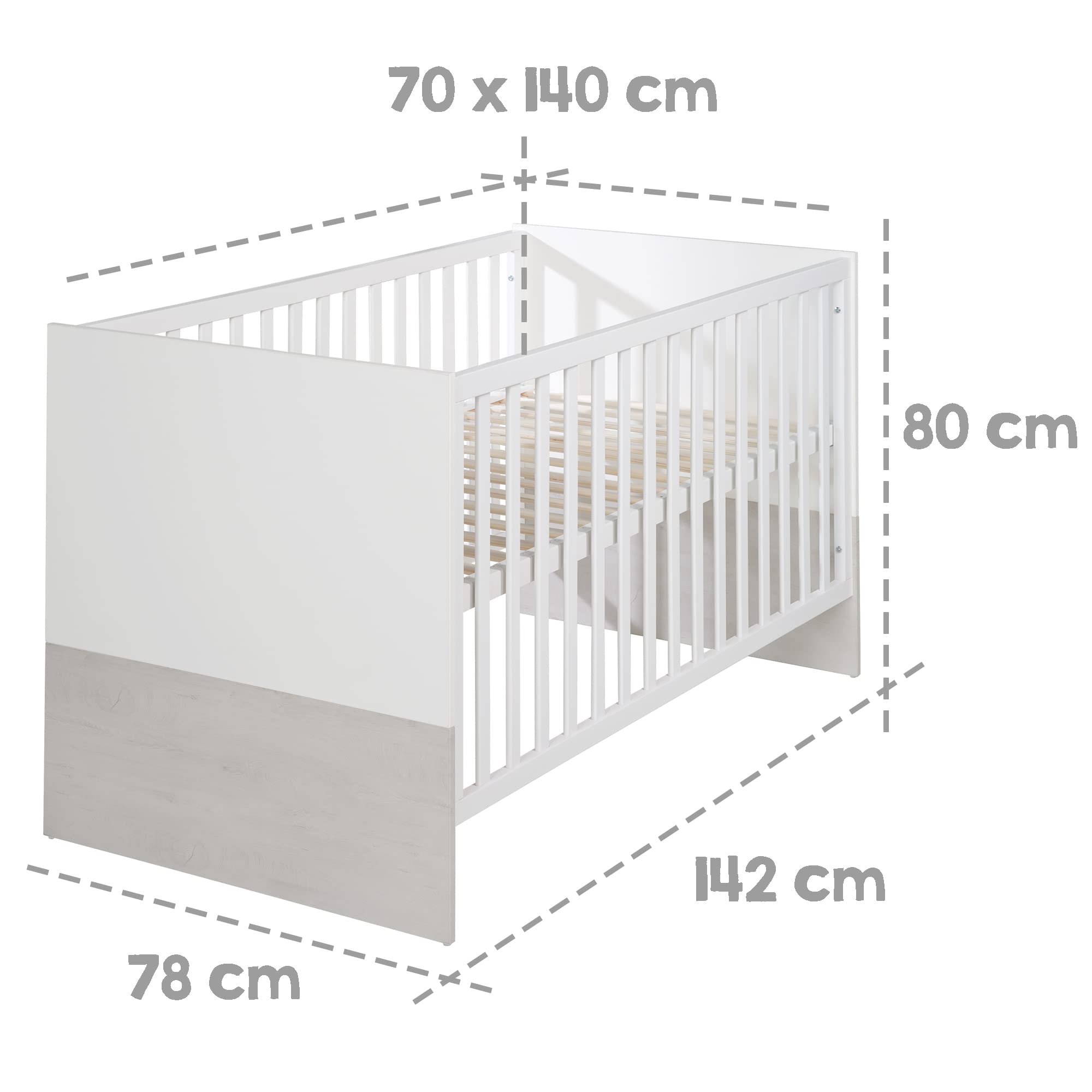 roba Julia - Cuna de bebé escalable (70 x 140 cm, Convertible en Cama Infantil, Regulable en Altura, 3 Barras extraíbles, Color Blanco/decoración de Madera