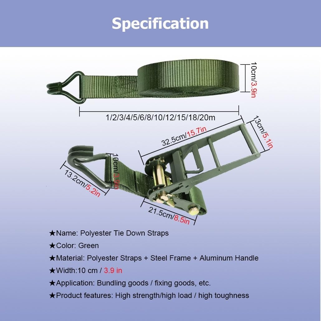 Cinghie di fissaggio a cricchetto per carichi pesanti, lunghe 3,3-65,6 piedi, larghe 3" e 4" con doppi ganci a J per lo spostamento di barche, camion, container(W10cm/3.9in,L 4m/13.1')