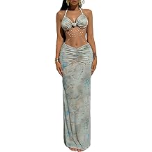 Women Halter Maxi Dress Pearl Chain Cutout Beach Vacation Long Dress