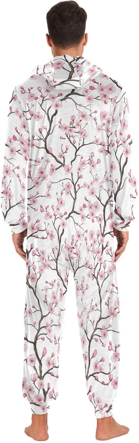 ZZKKO Pink Plum Blossom Blooming Adult Onesie Pajamas for Women Men Cozy One Piece Pajamas Costume Zip-Up Hooded S-XL