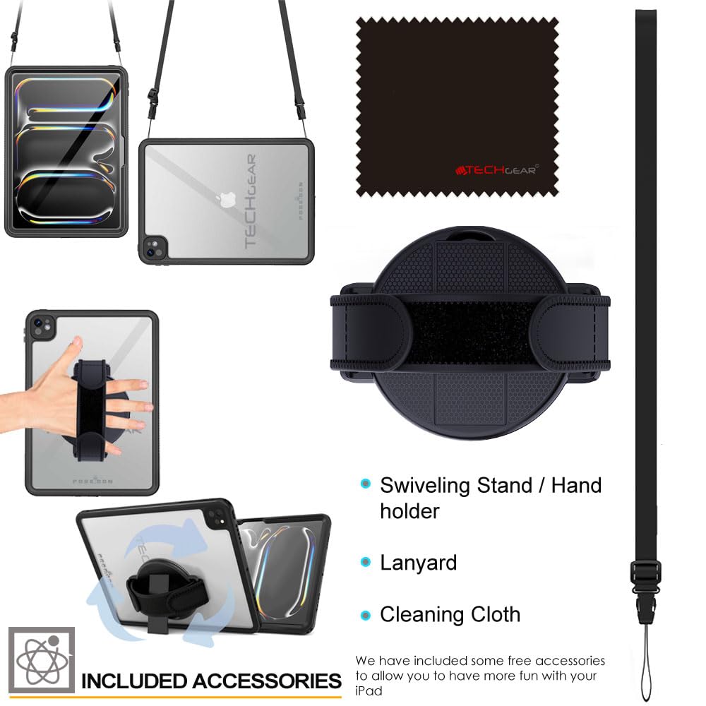 TECHGEAR Custodia impermeabile per iPad Pro 13" 2024 (M4) [Poseidon Case] Custodia sottile e robusta antiurto impermeabile con protezione schermo integrata + supporto e cinturino