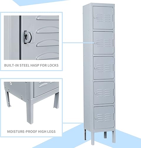 Miniatura 5 de MIIIKO Armario de metal para empleados, armario de almacenamiento de 5 niveles, armarios de acero con 5 puertas con cerradura, para escuela, hogar,