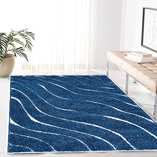 Image of Abstract Wavy Design Shaggy Rectangular Carpet For Living Room,Bedroom,High Low Design Finish Microfiber 1.8 Inch Pile High,5X7 Feet Blue|Cream Color