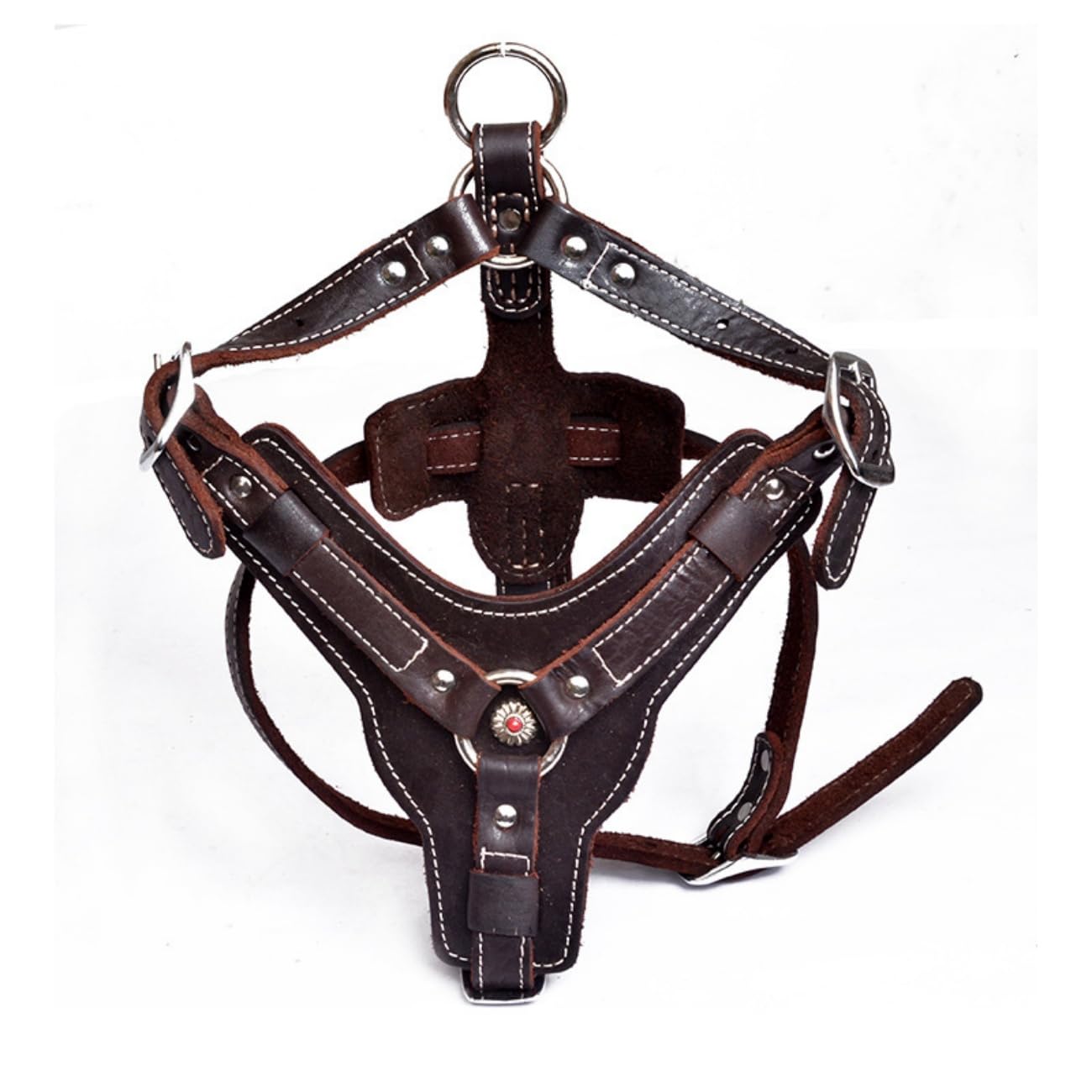 Arnés para Perro de Alta Resistencia Sin Tirones para Perros Grandes Arnés Ajustable de Chaleco Acolchado de Cuero Suave con Asa y 2 Anillas de Metal para Razas Gigantes,Latón,XL