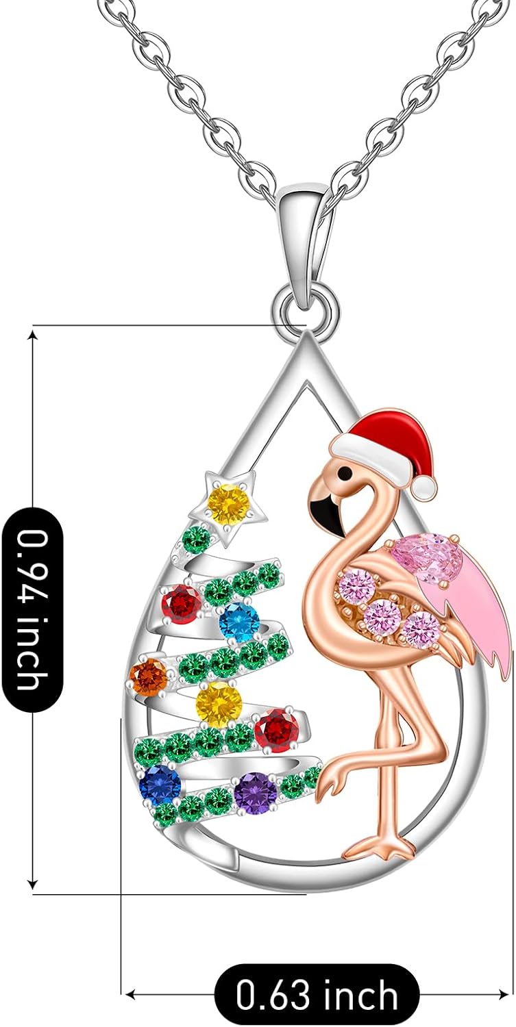 Fenthring Christmas Tree Necklace for Women Pink Flamingo Necklace Sterling Silver Holiday Winter Pendant Xmas Jewelry Christmas Gifts - Image 7