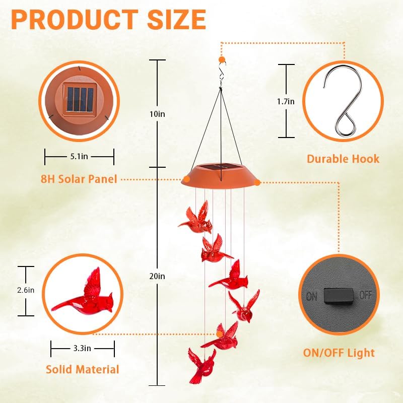 Cardinal Solar Wind Chimes, Solar Cardinal Bird Wind Chimes Outside Moms Gifts Unique for Women Red Bird Outdoor Decor Garden for Grandma mom Memorial - Image 8