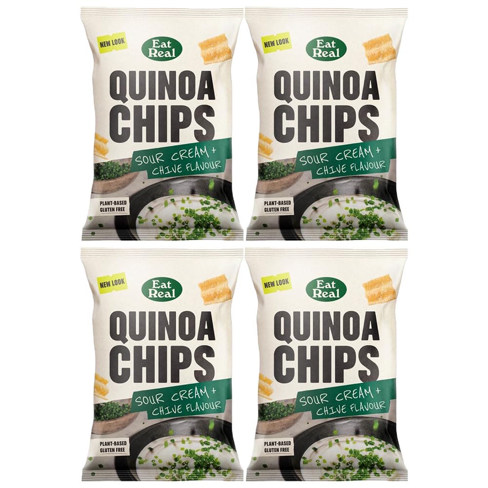 Eat Real Quinoa Chips Sour Cream Chive 90g Pack of 4 Plant Based Spring Onion Healthy Vegan Snack Crisps Gluten FREE Sharing Bag Treat with Welari Thank You Card | (4pack) (360g)