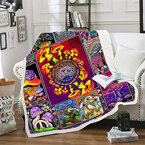 Trippy Mushroom Blanket Hippie Plant Throw Blankets for Couch Colorful Trippy Sherpa Fleece Blankets Soft Cotton Fuzzy Blanket Wool Plush Blanket (51 x 59in)