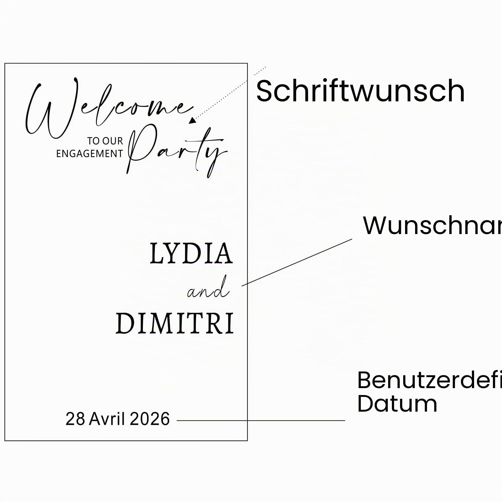 Vinyl-Aufkleber „Willkommen Zu Unserer Verlobungsfeier“, Individueller Hochzeits-Willkommensaufkleber, Personalisierbare Namen Und Datum For Spiegel, Acryl – Abend Zuvor(70x110cm)