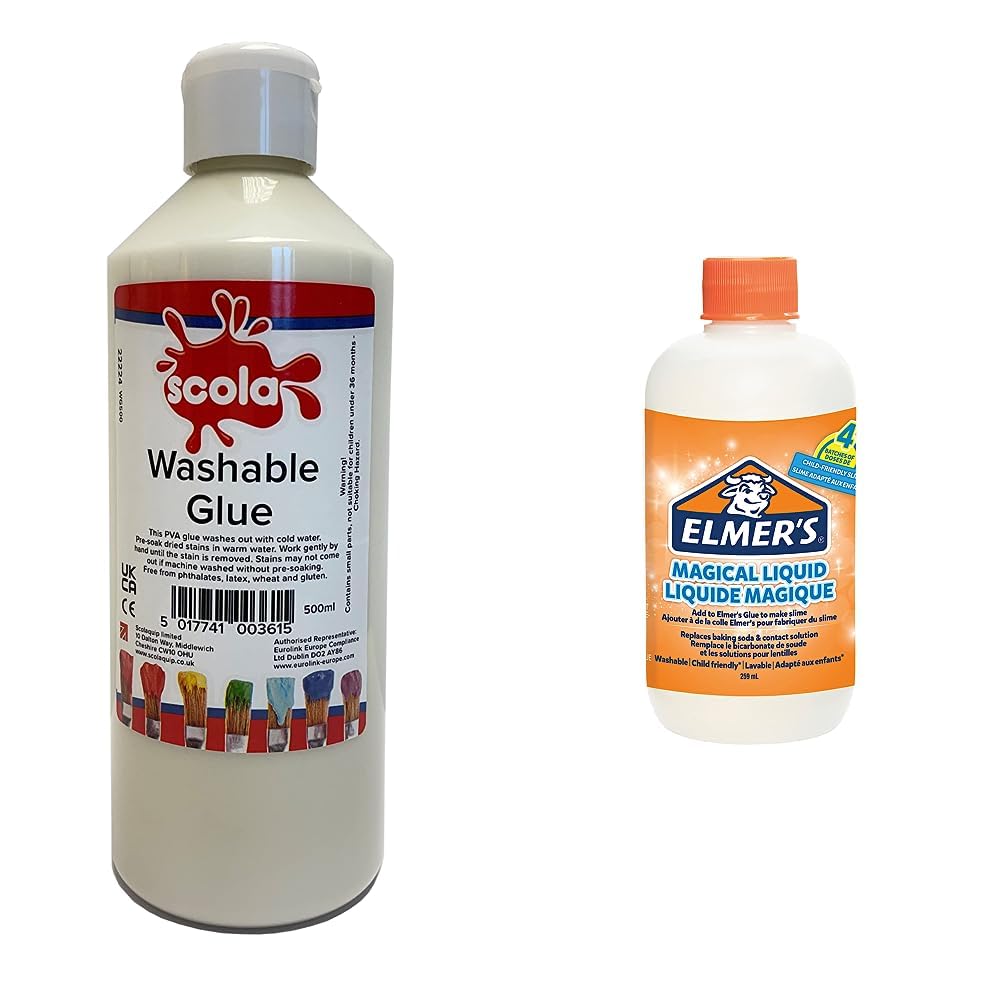 Washable PVA Craft/School Glue 500ml & Elmer’s Glue Slime Magical Liquid Solution | 259 mL Bottle (Up to 4 Batches) | Washable & Kid Friendly | Great for Making Slime