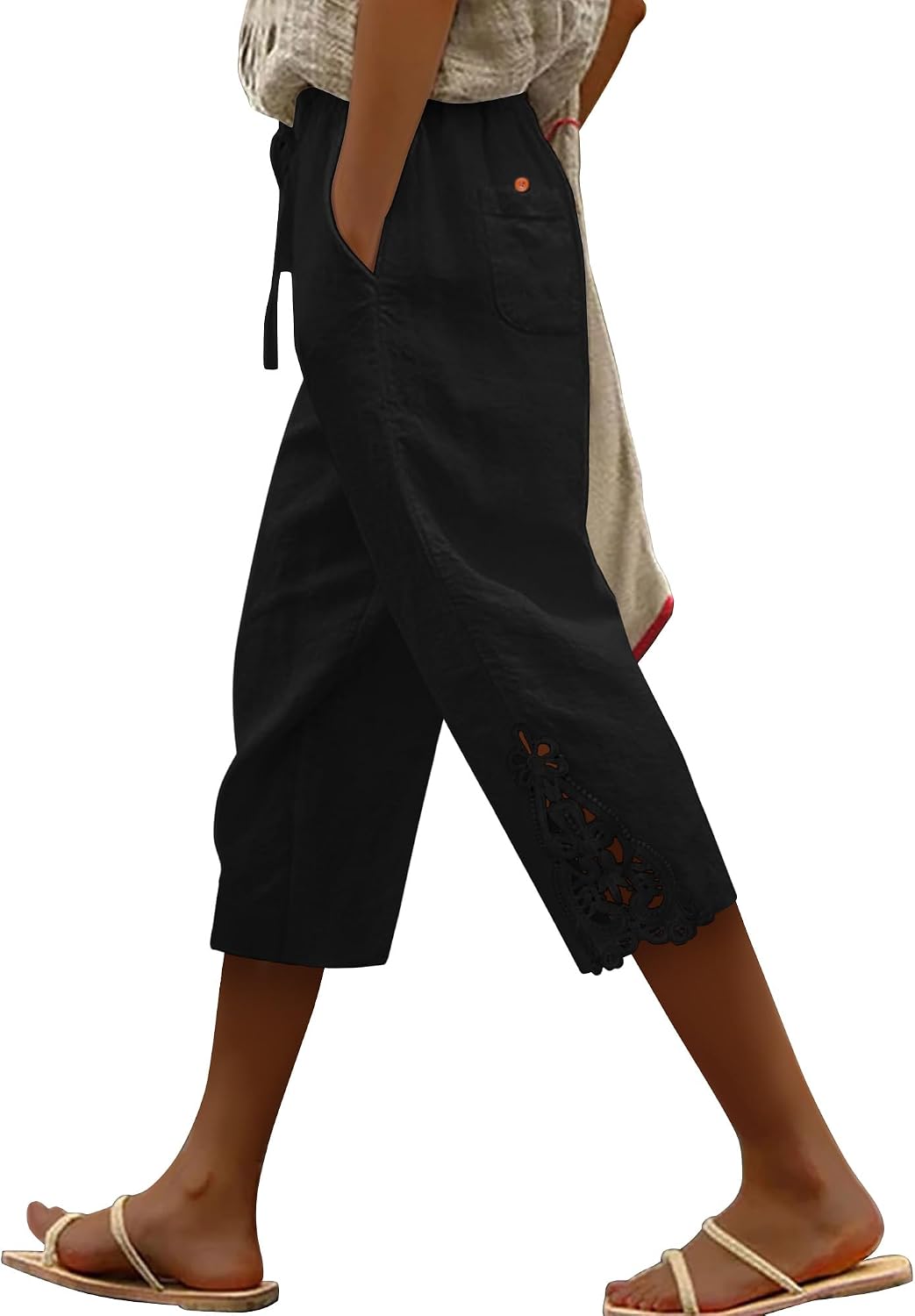 onlypuff Women Capri Pants Casual Lightweight Drawstring Elastic Waist Summer Trousers with Pockets