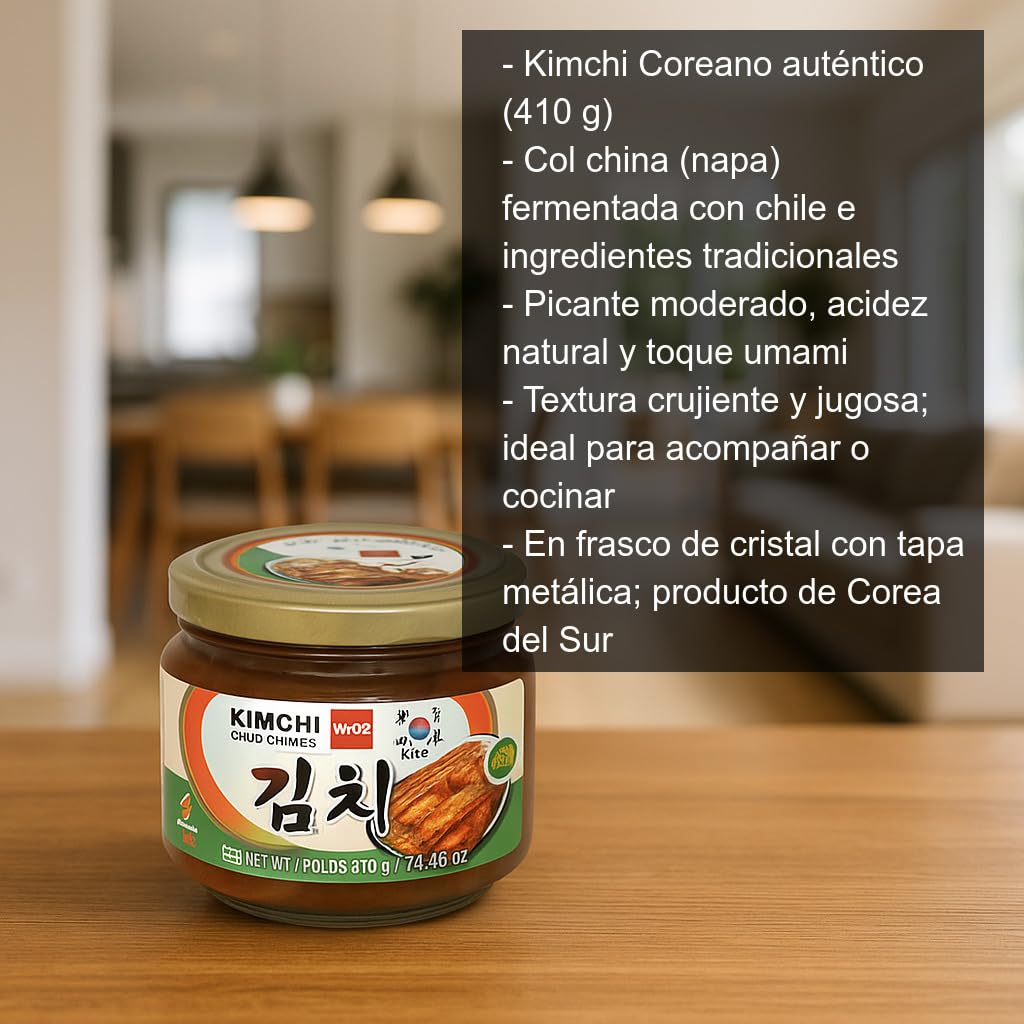 Kimchi coreano auténtico 410 g en frasco de cristal Col china fermentada picante moderado