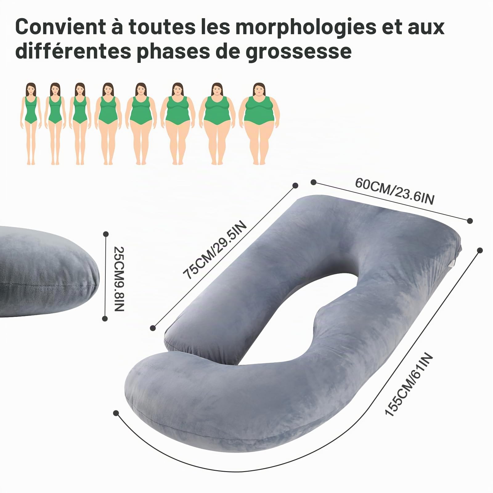 SOARFLY Coussin de Grossesse en Forme de U, Pregnancy Pillow 155cm pour Dormir sur Le Côté Coussin d'allaitement Amovible avec Housse, Soutien Dos, Ventre, Jambes, Gris