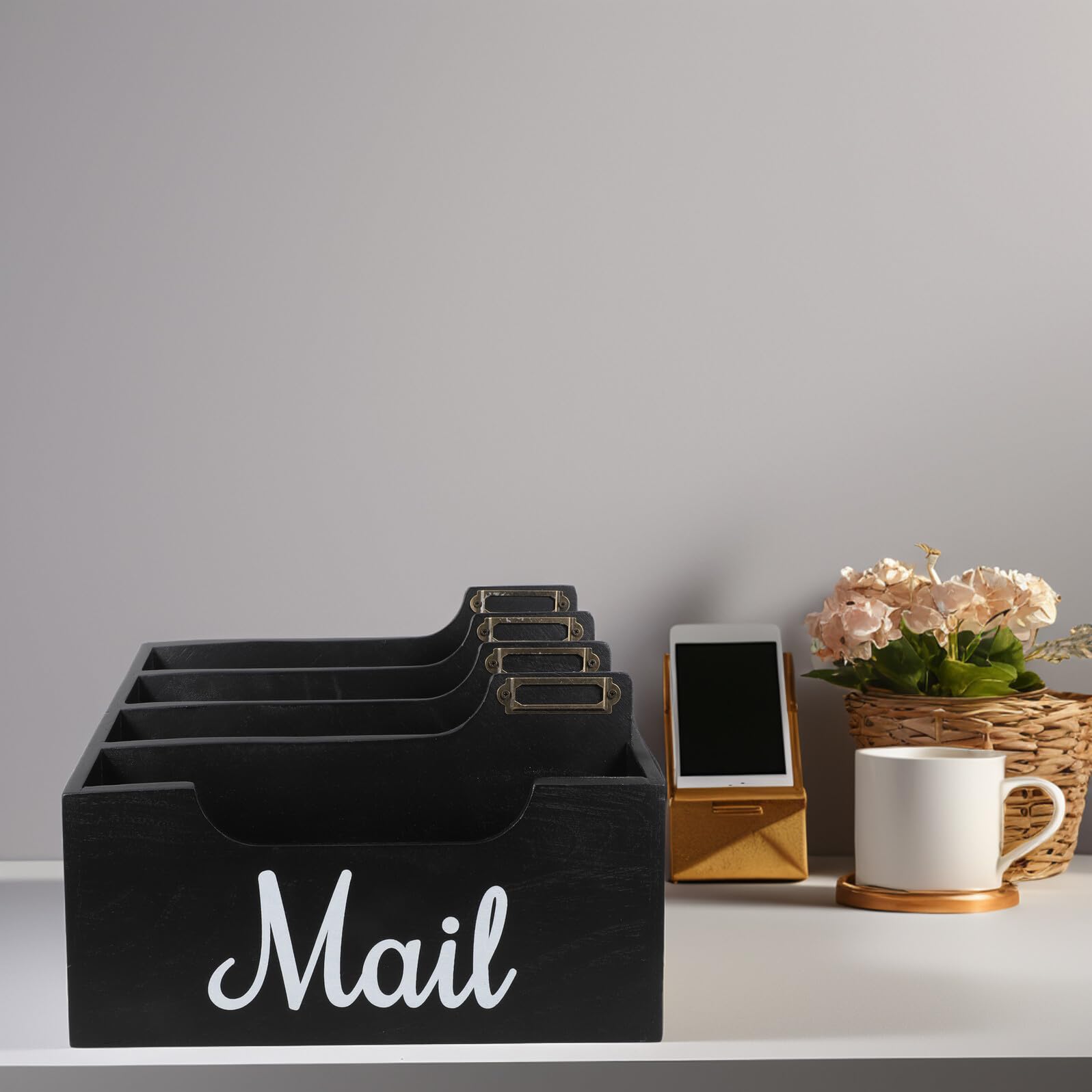 TOPBATHY Holz Schreibtisch Organizer mit Mehreren Fächern Mail Holder für Arbeitsplatte Papierkorb und Stiftehalter Minimalistische Büro Aufbewahrungsbox Schwarz Rustikaler Briefsortierer