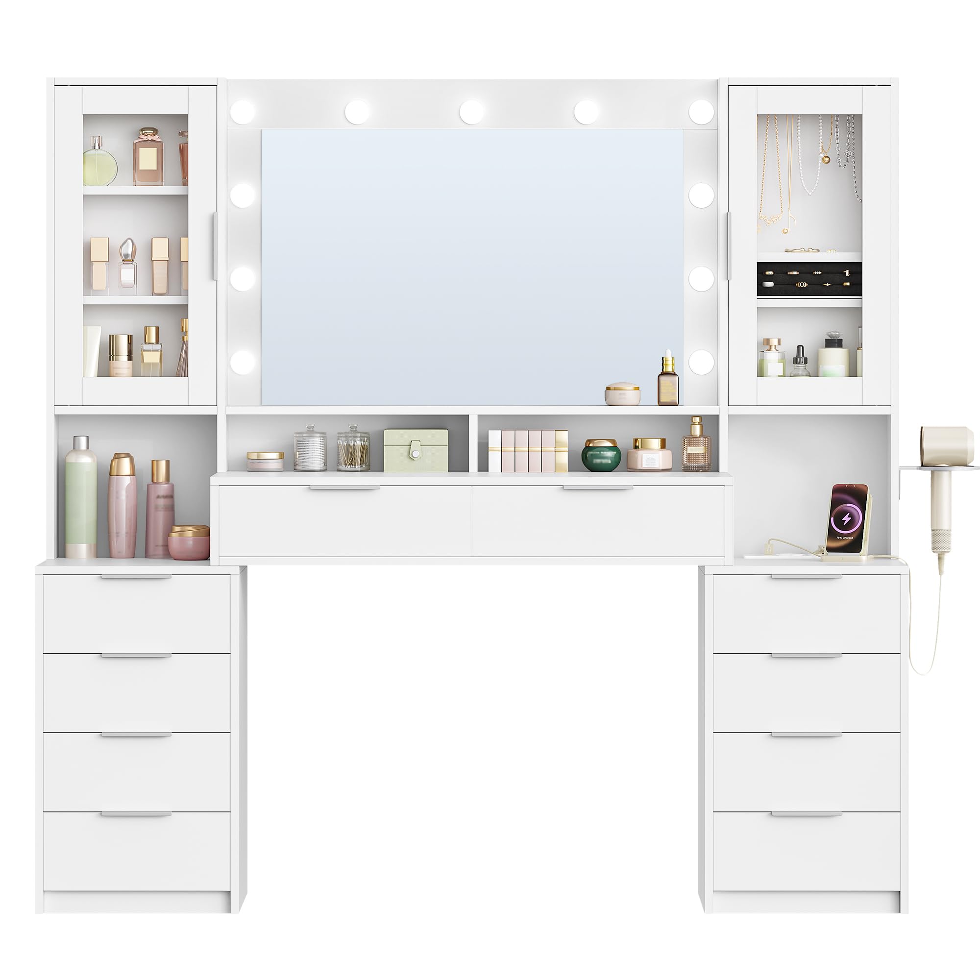 Hzuaneri Toaletka 150 cm z Oświetleniem Led, Listwą Zasilającą, Toaletka z 11 Żarówkami Led, Regulacją Światła w Trzech Kolorach, 10 Szufladami, Przechowywanie Biżuterii, Biało-srebrna DT43703XEU