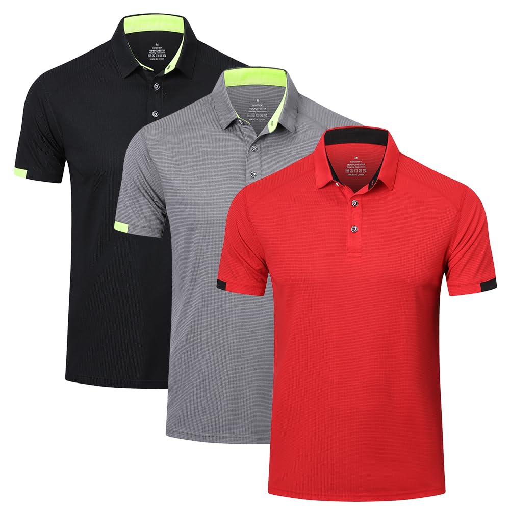 HUAKANG3 Pack Mens Polo Shirts Short Sleeve Breathable Quick Dry Golf Top Running Sports Tee Top Gym Workout Polo T Shirts