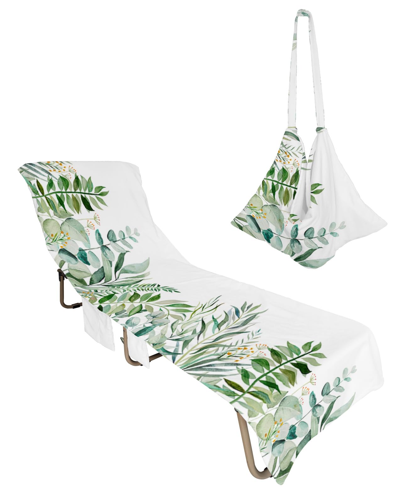 Green Botanical Beach Lounge Chair Towel Cover, Soft Chaise Lounge Towel with Side Pockets Patio Pool Chairs Cover for Beach/Pool Sunbathing 29x85 Watercolor Pastoral Eucalyptus Leaves