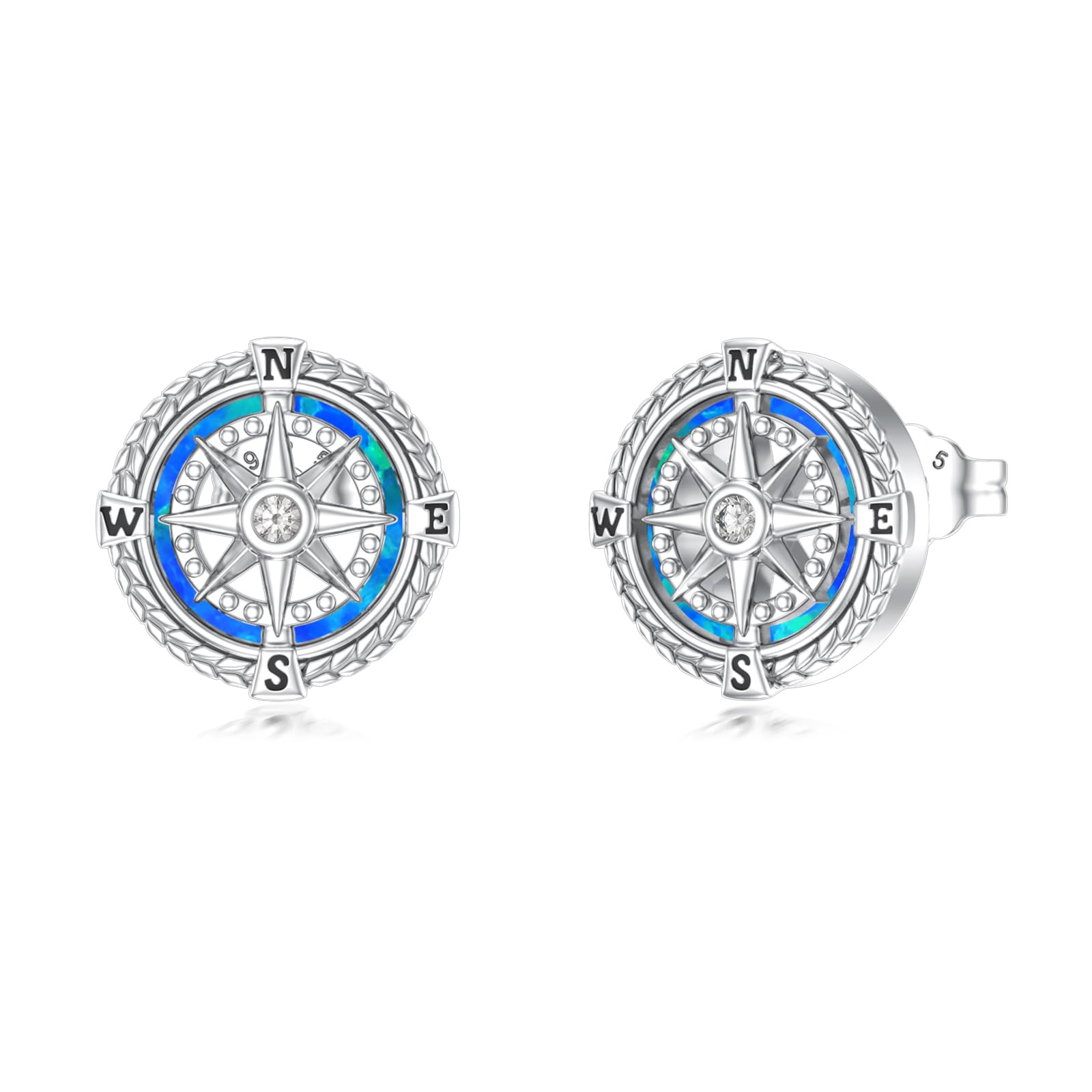 Kompass Ohrstecker 925 Sterling Silber Blauer Opal