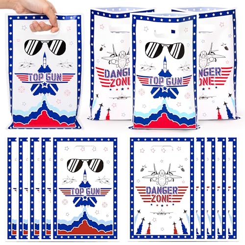 Andi Cppss Fighter Jet Party Favor Bags - 50PCS Fighter Jet Gift Bags for Airplane Birthday Party Supplies Airplane Plastic Goodie Candy Treat Bag with Handles for Kids Plane Theme Party Decorations