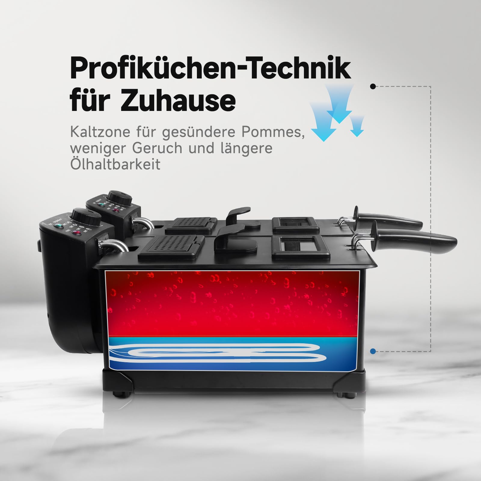 Aigostar Edelstahl Doppel-Fritteuse 3600W mit 2x3L Körben, Kaltzonenfunktion, Thermostat (90-190°C), Sichtfenster, emailliertem Topf, Ölfilter & Automatik-Abschaltung, Schwarz