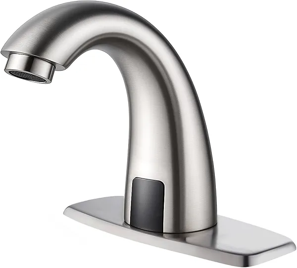 Luxice Brushed Nickel Touchless Bathroom Sink Faucet - Automatic Motion Sensor Battery Opertated with Temperature Mixing Valve for Commercial Lavatory